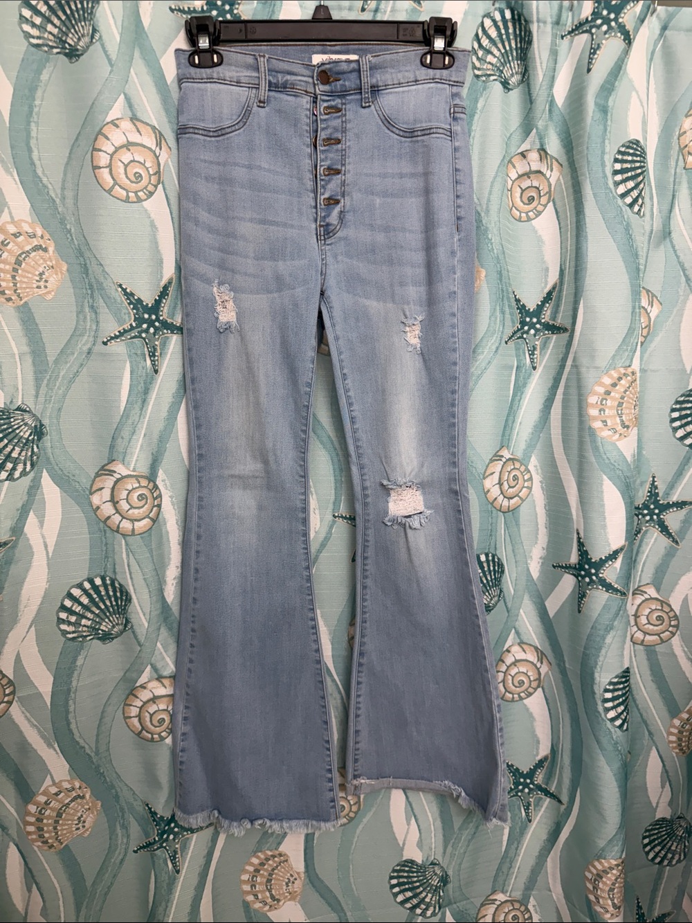 Vibrant Light Blue Distressed Button-Fly Flare Jeans